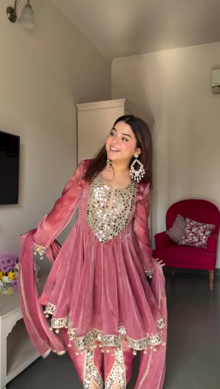 Rose Mehfil Mirror Work Anarkali Set - Image 4
