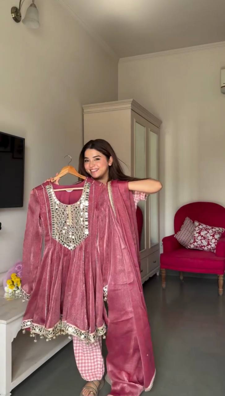 Rose Mehfil Mirror Work Anarkali Set - Image 3