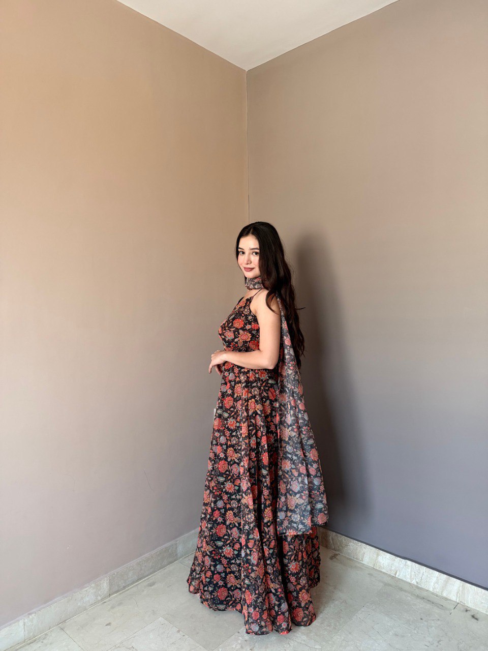 Midnight Blossom Printed Anarkali Dress with Dupatta - Image 3