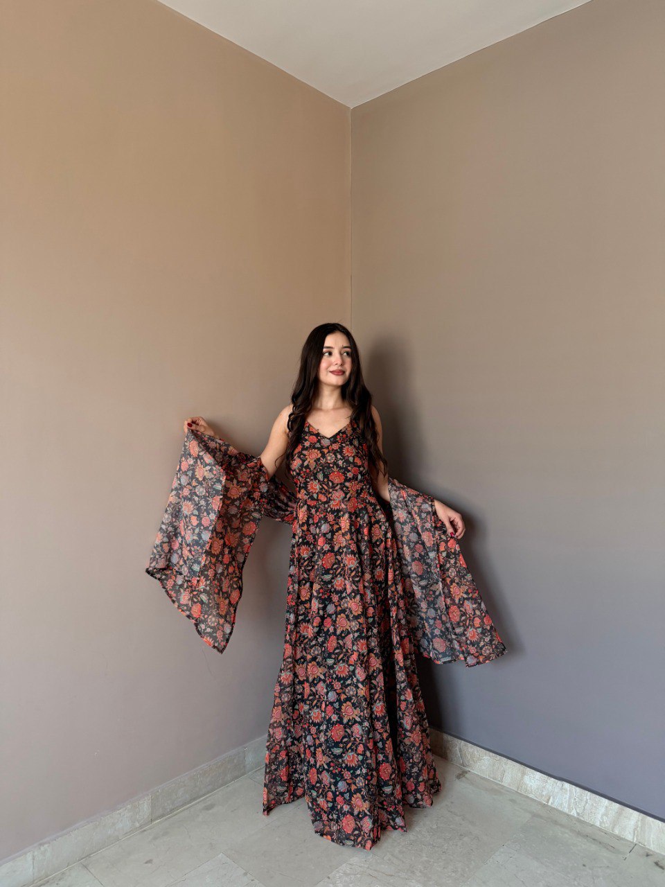 Midnight Blossom Printed Anarkali Dress with Dupatta - Image 4