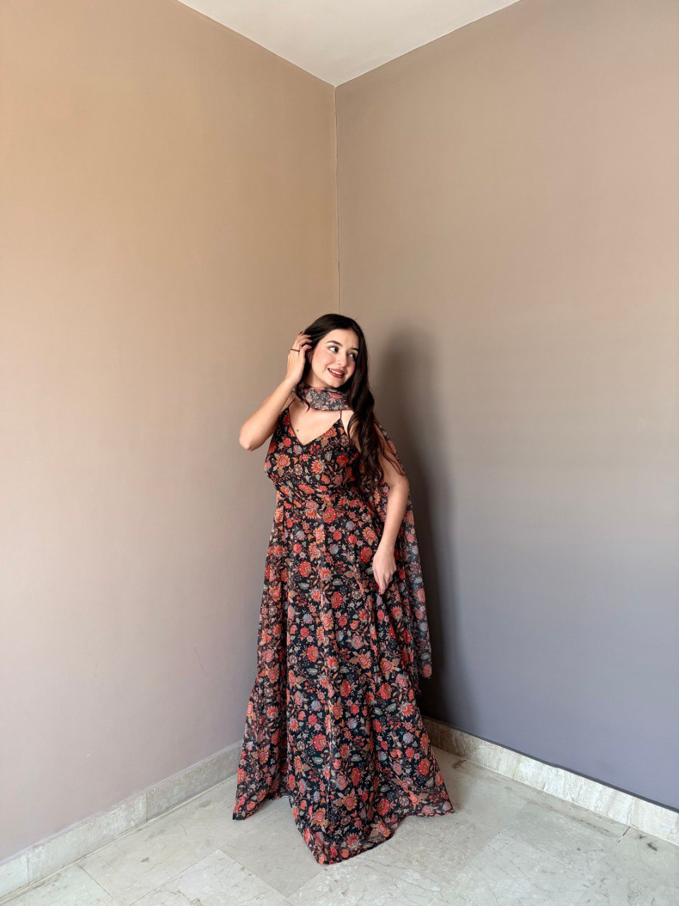 Midnight Blossom Printed Anarkali Dress with Dupatta - Image 6