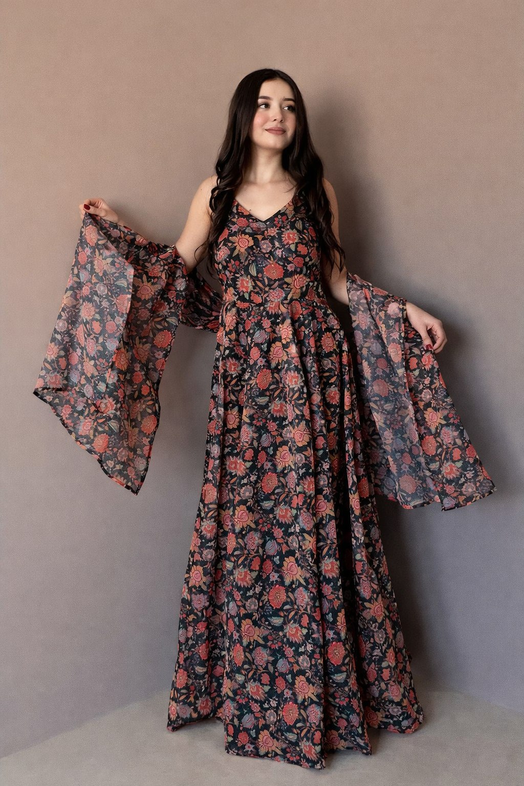 Midnight Blossom Printed Anarkali Dress with Dupatta - Image 7