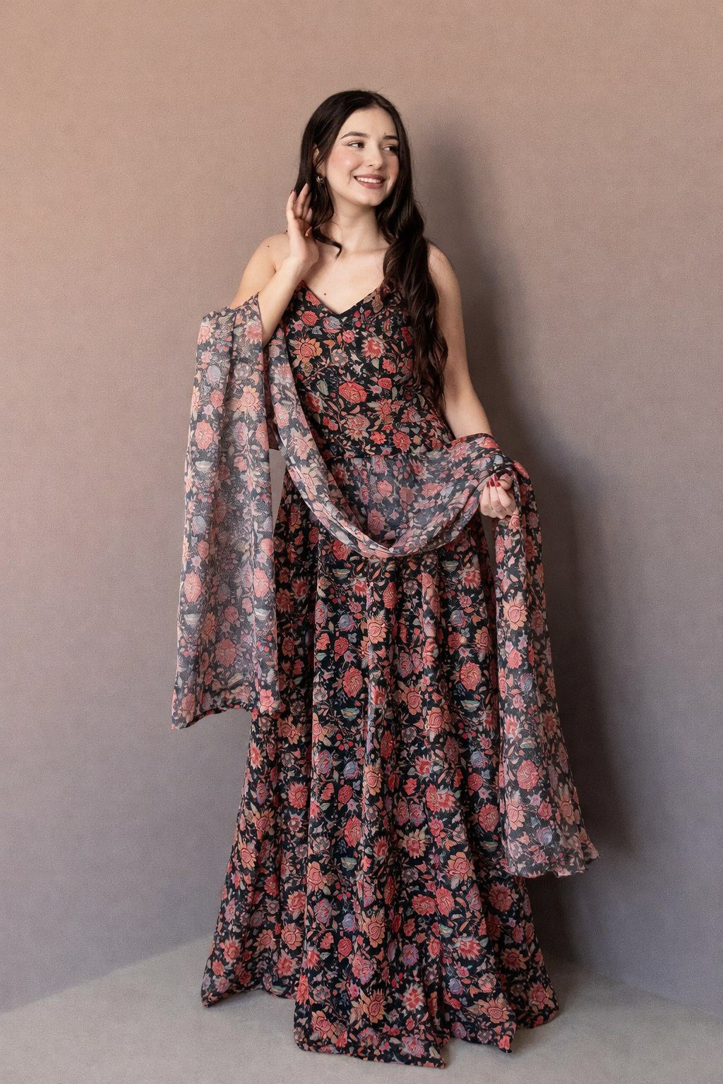 Midnight Blossom Printed Anarkali Dress with Dupatta - Image 8