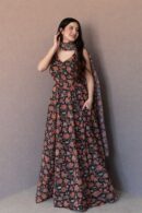 Midnight Blossom Printed Anarkali Dress with Dupatta