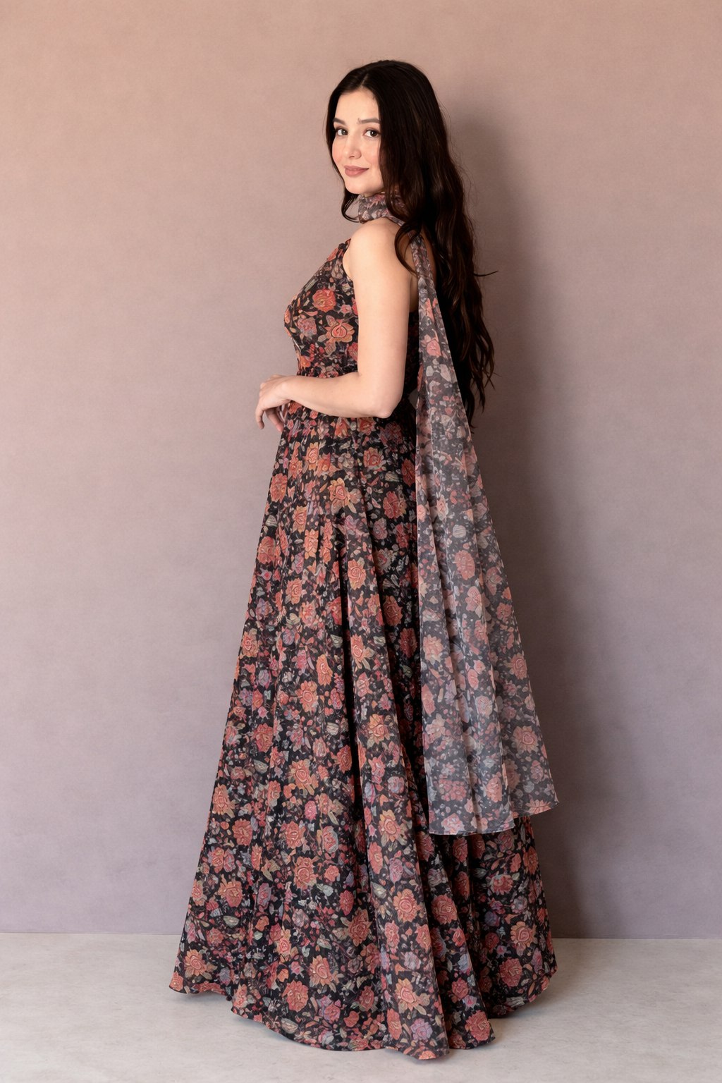 Midnight Blossom Printed Anarkali Dress with Dupatta - Image 9