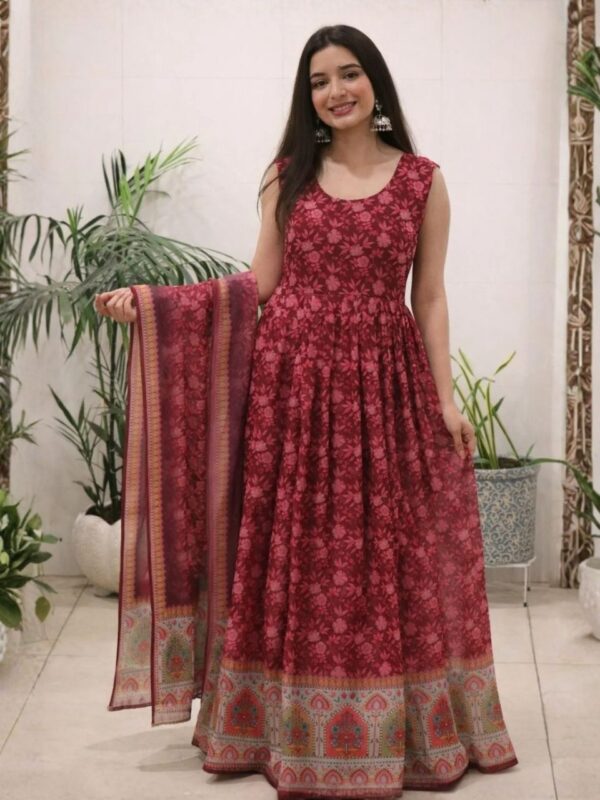 Ruby Bloom Printed Anarkali Dress with Dupatta