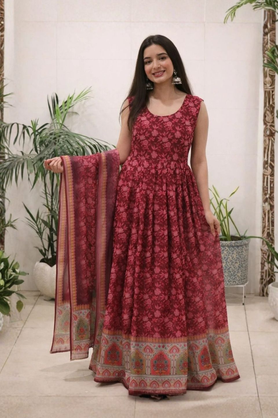 Ruby Bloom Printed Anarkali Dress with Dupatta